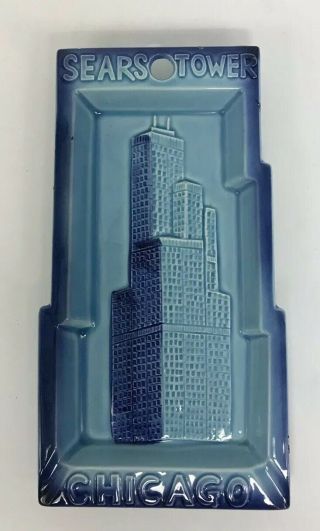 Chicago Sears Tower Aqua Blue Retro Mid Century Art Deco Ceramic Ashtray Dish