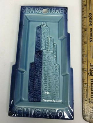 Chicago Sears Tower Aqua Blue Retro Mid Century Art Deco Ceramic Ashtray Dish 3