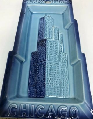 Chicago Sears Tower Aqua Blue Retro Mid Century Art Deco Ceramic Ashtray Dish 5