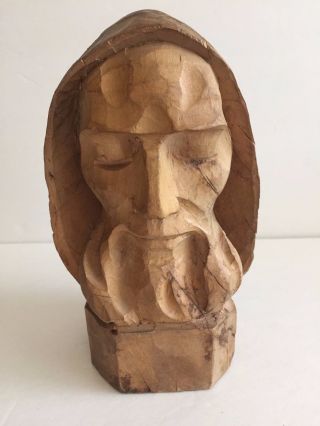 Vintage Antique Man Jesus Monk Face Head Statue Figure Hand Carved Wood Spirit