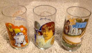 Rare Set Of 3 Vintage 1977 & 1983 Star Wars Burger King Collector Glasses Jabba