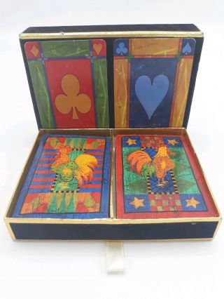 Vintage Rooster Themed Congress Double Deck Playing Cards With Felt Box