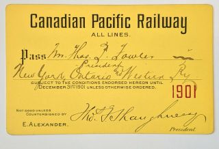 1901 Canadian Pacific Railway Annual Pass Thomas P Fowler Ernest Alexander