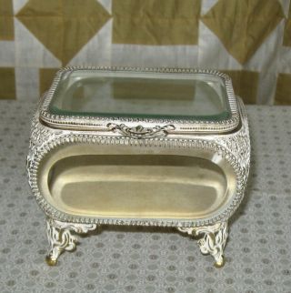 Vintage White & Gold Gilt Ormolu Filigree & Beveled Glass Jewelry Trinket Box