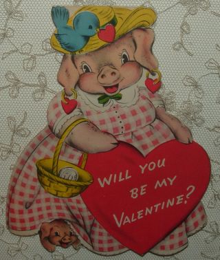 Pretty Pig In A Dress W/ Baby Piggie - 1949 Vintage Norcross Valentine Card