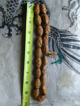 Antique Chinese Carved Lohan Faces Peach Pit Mala Prayer Beads