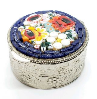 Vintage Silver Tone Mid Century Floral Tile Micro Mosaic Trinket/pill Box