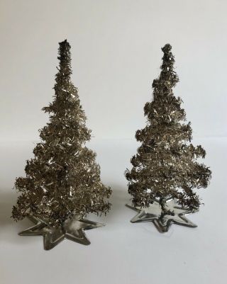 2 Antique Vintage Gold Tinsel Christmas Trees Germany Aluminum Holiday Ornament