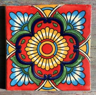 10 Talavera Mexican Pottery 4 " Tile Classic Sunflower Red Aqua Gold Yellow Green