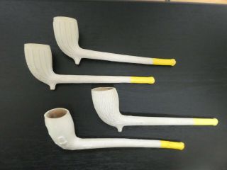 4 Clay Pipes Yellow Tipped Acorn Oak Leaf Design,  Bark Design,  & 2 Others