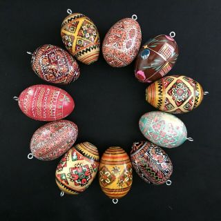 Vintage Set 11 - Ukrainian Hand Painted Wooden Christmas Egg Shaped Ornaments.