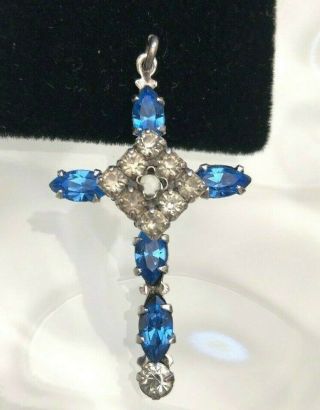 Vintage Antique Blue & Clear Rhinestone Sterling Silver Cross Pendant 1 - 3/4 "
