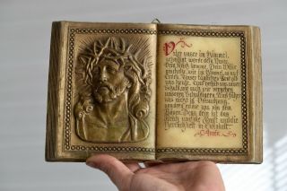⭐vintage Work Of Art : Wax Book W Head Of Christ Bas Relief & Pray In German