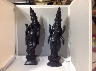 Vintage Ebony Wood Carved Four Armed Lakshmi On Lotus And Hindu Goddess Sculpt