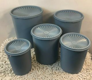 5 Vintage Tupperware Canisters Slate Blue Set Grooved Lids Nesting Stackable