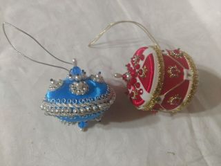 2 Vtg Xmas Ornaments Beaded Sequins Pins Drum Sputnik Silk Handmade Atomic Ufo