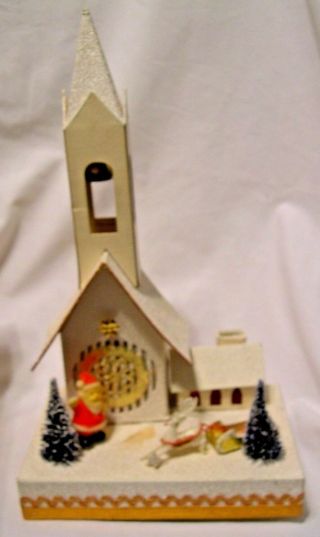 Vintage Christmas Church Musical Boxed Putz Santa Scene Sleigh Made In Japan