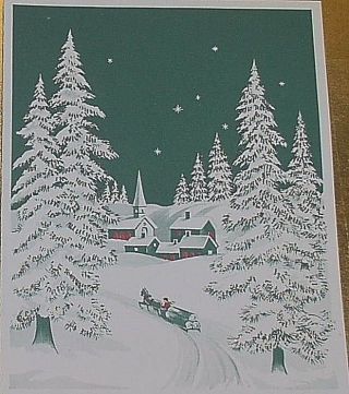 Vintg Xmas Card Mica Glittered Country Snow Scene W Horse Pulling A Load Of Logs