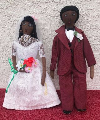 Antique And Vintage Black African American Hand Made Bride And Groom 11” Dolls