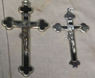 2 Antique French Style German Crucifix Ebony Nickel Brass Ornate 100,  Years Old