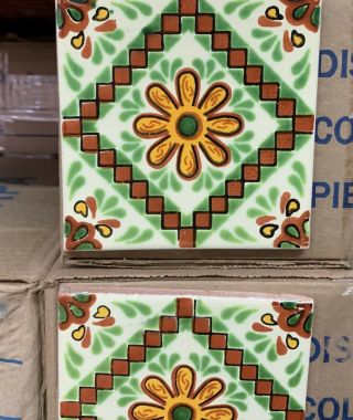 10 Talavera Mexican Pottery Tile 4 " Classic Traditional Floral Gold Flower Green