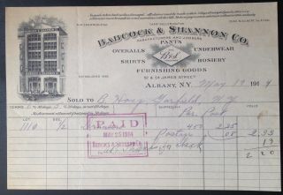 1914 Billhead Babcock & Shannon Co.  James St.  Albany,  Ny.  Overalls,  Underwear