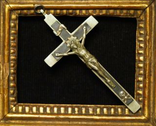 Antique Silvered Nuns Skull & Cross Bones Crucifix With A Ebony Wood Inlay 4.  76 "