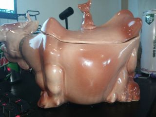 Brush Mccoy Pottery Usa Vintage Cow Cookie Jar W Cat On Lid 1940 