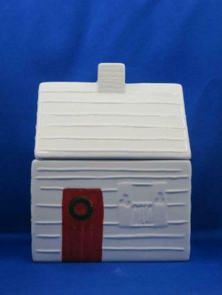 Crate & Barrel Log Cabin Cookie Jar By Jenny Bowers Xmas House White Red Rare