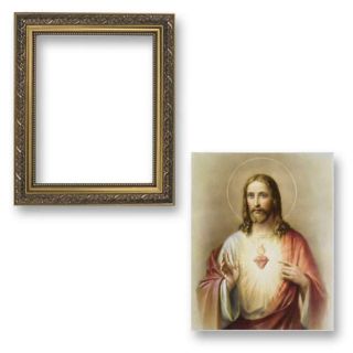 Ornate Gold Tone Sacred Heart Of Jesus Framed Hanging Portrait Print,  13 Inch