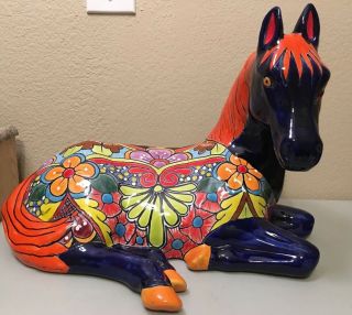 Mexican Talavera Pottery X Large 16” Horse Folk Art Figure Blue Farm Animal