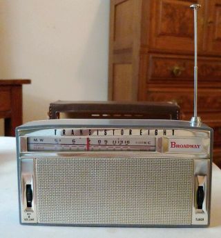 Rare Vtg Broadway 8 Transistor Radio High Sensitivity Leather Case Mid - Century