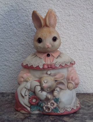Vintage Mervyns Mama Mrs Bunny Rabbit Baby Cookie Jar Japan Ceramic Glass Eyes