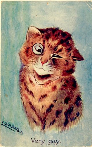 Pre - 1913 Louis Wain Cat Faulkner Postcard,  ‘very Gay’,  Feline