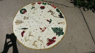 Vintage Hand Made Christmas 30 " Round Table Cover Wool Felt With Decorations