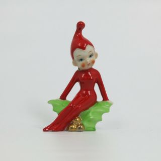 Vintage Ceramic Christmas Seated Brinn Pixie Girl Red Holly Gold Japan 4.  5 "