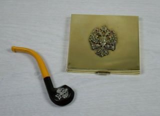 Antique Royal Russia Insignia Double Headed Eagle Smoking Pipe & Tobacco Box