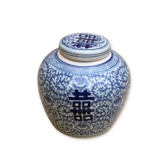 Blue And White Porcelain Double Happiness Ginger Jar Lotus Motif 8.  5 "