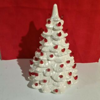 Vintage Iridescent White Christmas Tree With Red Lights Ceramic Mold 11 " Tall