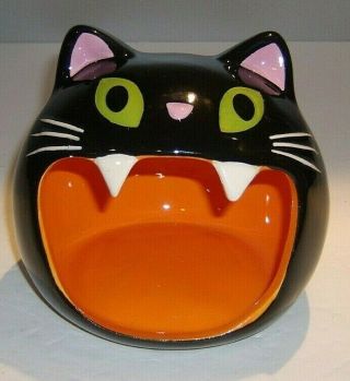Halloween Decoration Black Cat Candy Dish Open Mouth 4 1/2 " Tall X 5 " X 4 1/2 "