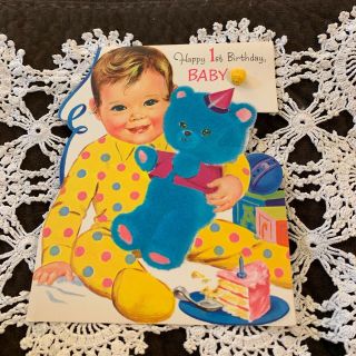 Vintage Greeting Card Baby 1st Birthday Blue Bear Boy Polka Dot Outfit Norcross