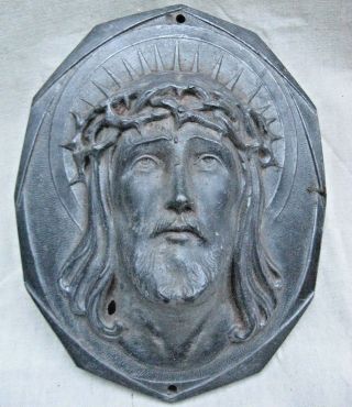 Antique Art Deco 3d Jesus Ecce Homo Plaque Cast Metal Patina