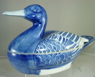 Vintage Porcelain Blue/white Chinese Bowl/dish/tureen Duck Lid