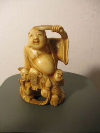 Chinese Hand Carved Ivory Colored Resin Statue Of Buddha W/2 Children