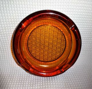 Mid Century Vintage Amber Gold Round Thick Cut Glass Ashtray Cigar Heavy Euc.  6 "