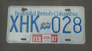 British Columbia License Plate Passenger Expired 1987 Number Xhk 028 Canada