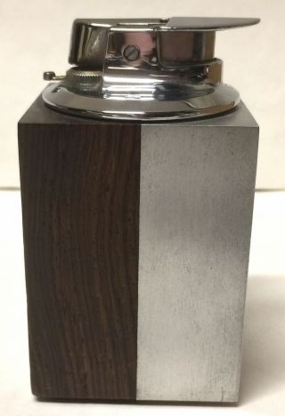 Mid - Century Modern Ronson Varaflame Teak Wood & Aluminum Table Lighter Tall Rect