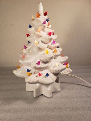 Vtg Mid Century Retro Wht Ceramic Snow Tip Colorful Bulb Lighted Christmas Tree