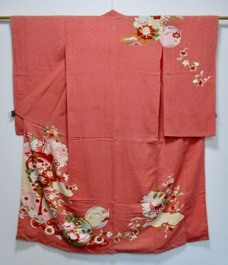 Japanese Kimono Silk Antique Houmongi / Bird & Flower / Embroidery /63