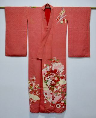 JAPANESE KIMONO SILK ANTIQUE HOUMONGI / BIRD & FLOWER / EMBROIDERY /63 2